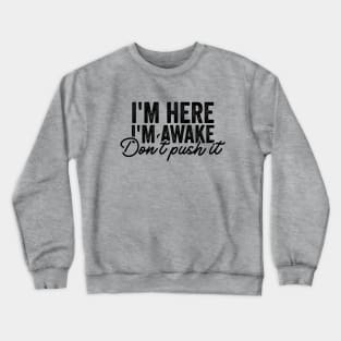 I'm Here I'm Awake Don't Push It Shirt, Funny Gamer Shirts With Sayings, Funny Birthday Tee Gift Crewneck Sweatshirt